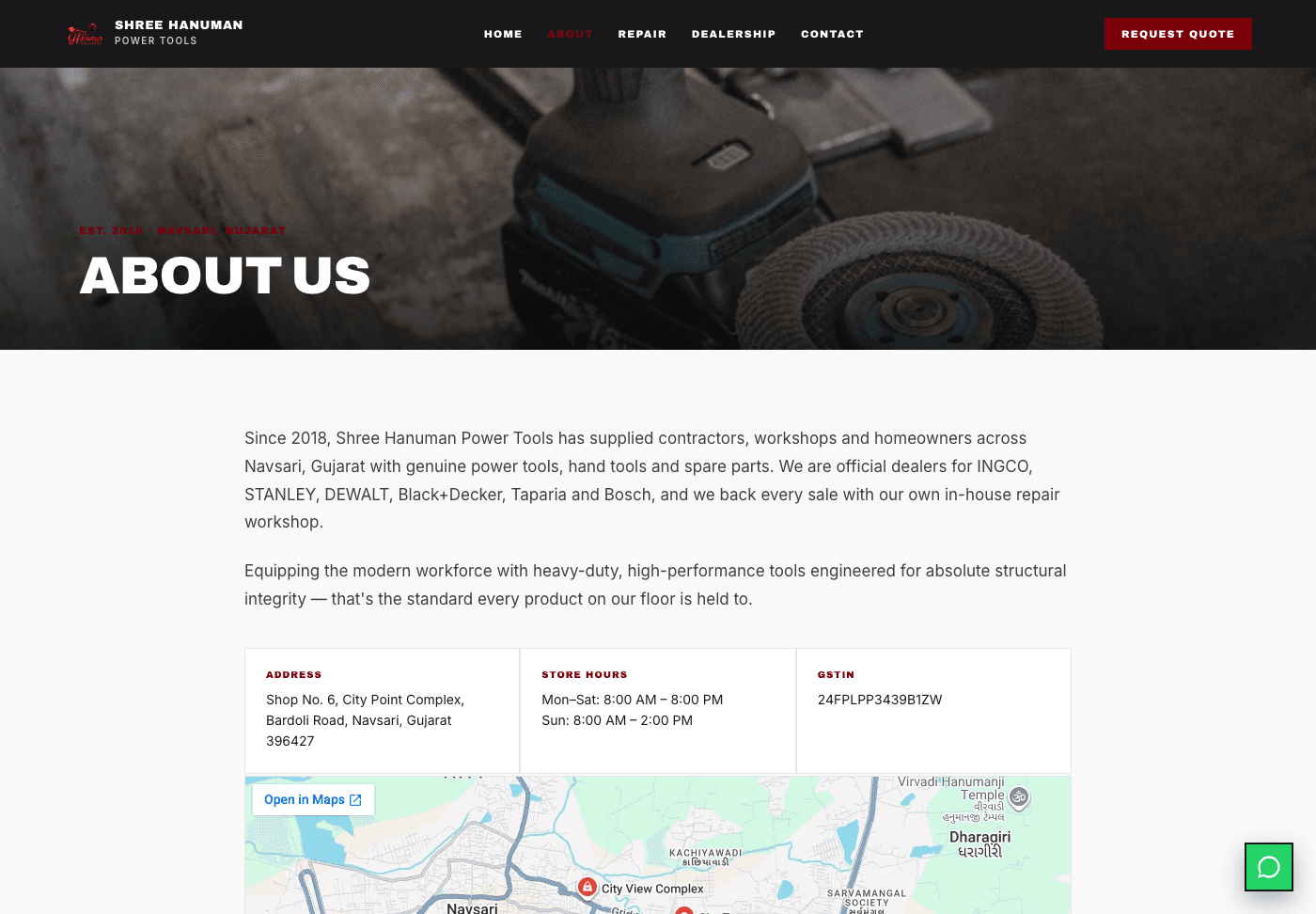 Designed about page with address, hours and GSTIN