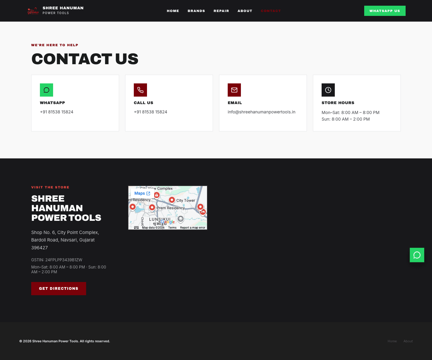 Designed contact page with address, GSTIN, hours and map