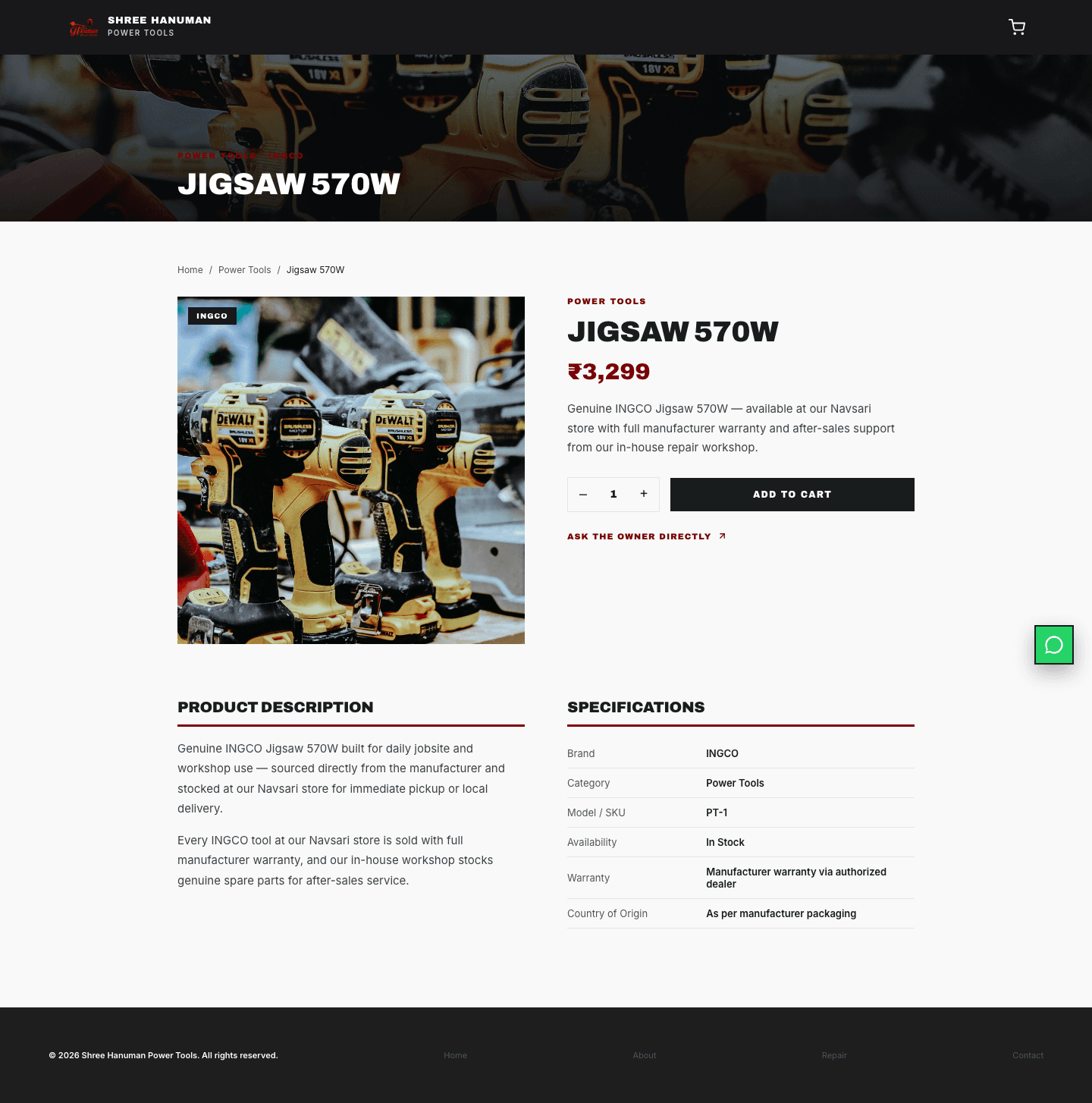 Designed product detail page with price, specs and WhatsApp inquiry